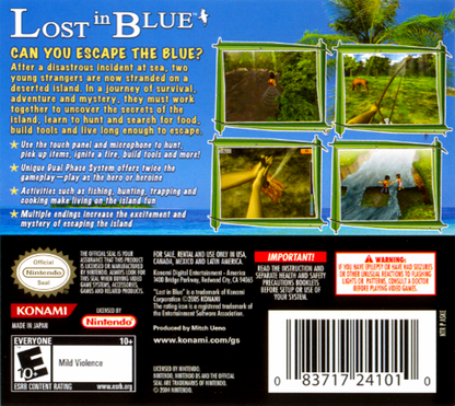 Lost in Blue back of case for Nintendo DS (DS) survival adventure video game