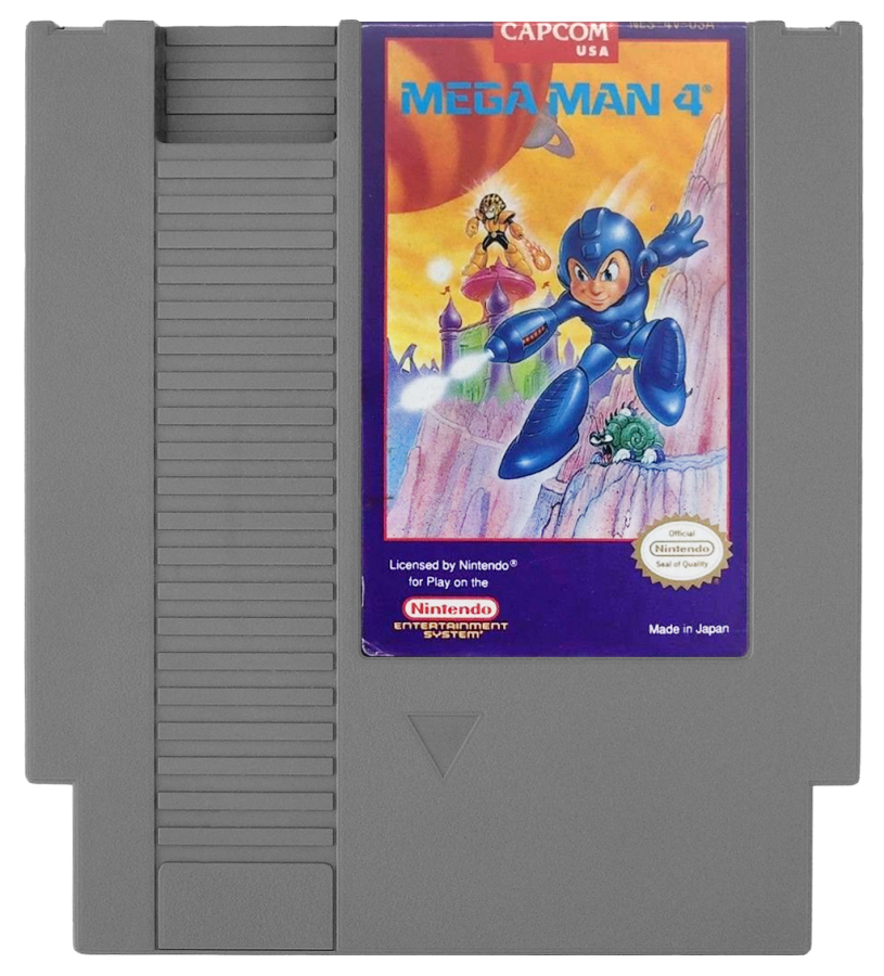 Mega Man 4 cartridge for the Nintendo Entertainment System featuring the classic blue robot hero battling Dr. Wily in a retro 8-bit side-scrolling action platformer cartridge