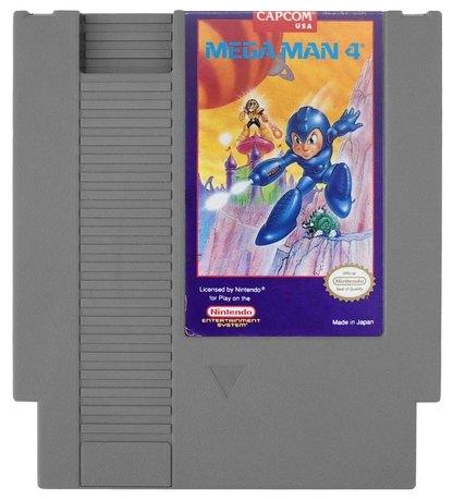 Mega Man 4 cartridge for the Nintendo Entertainment System featuring the classic blue robot hero battling Dr. Wily in a retro 8-bit side-scrolling action platformer cartridge
