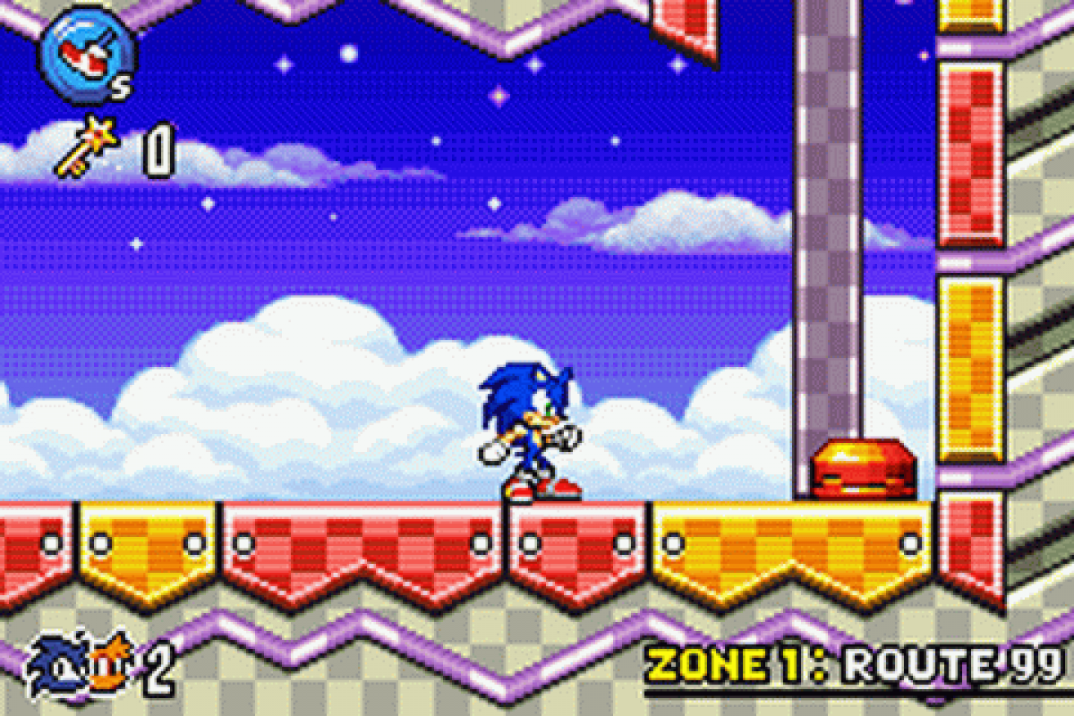 Sonic Advance 3 for Game Boy Advance (GBA), gameplay for a retro video game featuring fast-paced platforming gameplay, side-scrolling action, multiplayer co-op, collectible rings, and iconic character-based adventures