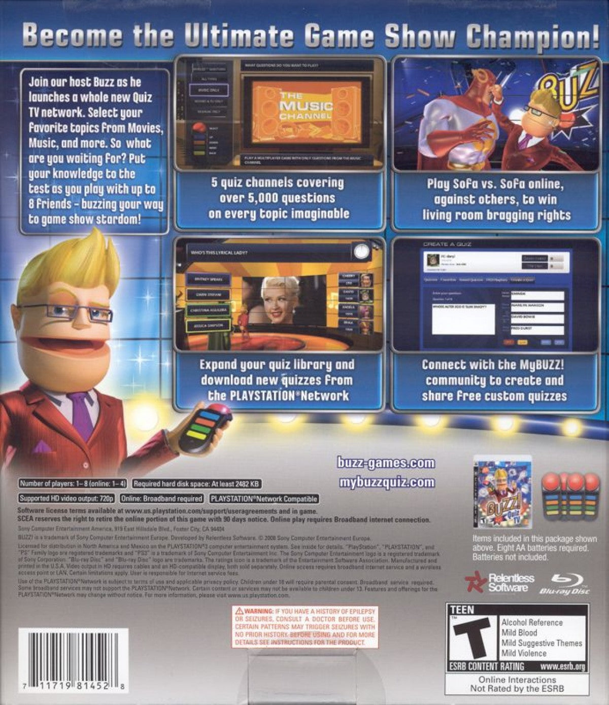 Buzz! Quiz TV back cover art for PlayStation 3 (PS3) video game