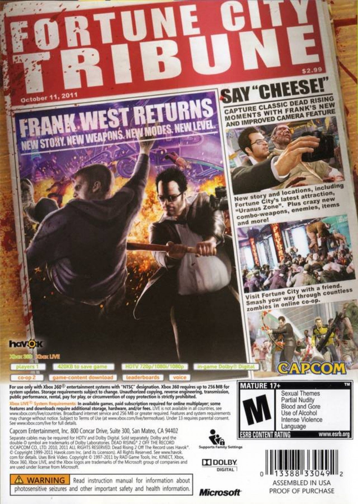 Dead Rising 2 Off the Record Xbox 360 game featuring open world zombie survival action as Frank West with sandbox gameplay combo weapons time based missions co op multiplayer and over the top undead combat by Capcom back cover art