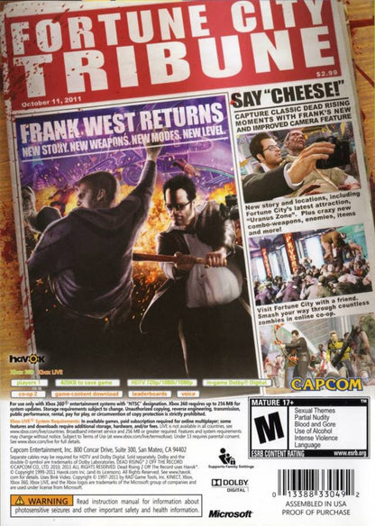 Dead Rising 2 Off the Record Xbox 360 game featuring open world zombie survival action as Frank West with sandbox gameplay combo weapons time based missions co op multiplayer and over the top undead combat by Capcom back cover art