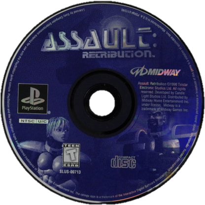 Assault: Retribution PlayStation 1 PS1 for third person shooter retro video game fans featuring futuristic sci fi combat alien enemies powerful weapons intense action cinematic gameplay explosive firefights challenging missions collectible gaming appeal disc