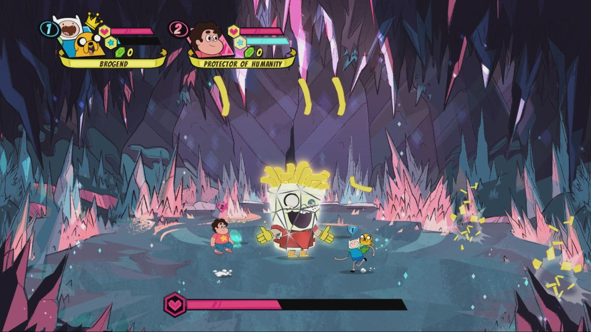 Cartoon Network Battle Crashers PlayStation 4 PS4 video game featuring side scrolling beat em up action gameplay Cartoon Network characters Finn Jake Steven Universe Gumball Clarence and Uncle Grandpa cooperative multiplayer combat enemy battles special character abilities colorful cartoon worlds platforming challenges and family friendly arcade action retro video game collection collectible gaming appeal gameplay screenshot