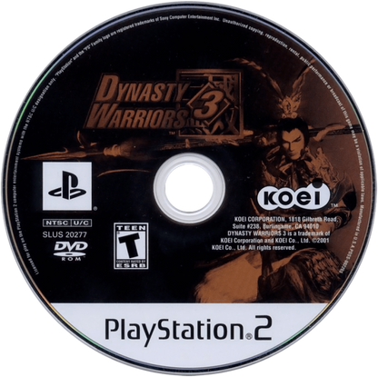 Dynasty Warriors 3 PlayStation 2 PS2 video game featuring hack and slash action gameplay Three Kingdoms historical warfare Chinese warriors legendary generals massive battlefield combat weapon attacks special Musou moves enemy armies strategic battles and classic PlayStation 2 action gameplay retro video game collection collectible gaming appeal disc