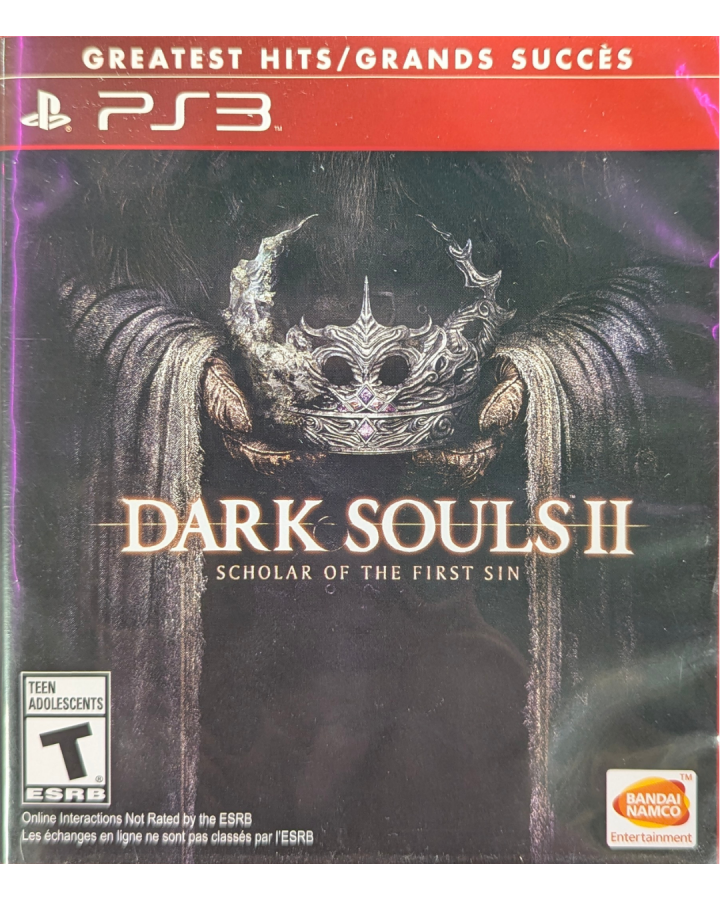 Dark Souls II Scholar of the First Sin Greatest Hits PlayStation 3 challenging action RPG punishing difficulty expanded definitive edition includes all three DLC Crown of the Sunken King Crown of the Old Iron King Crown of the Ivory King enhanced enemy placement improved graphics additional NPCs FromSoftware masterpiece brutal combat character customization multiplayer invasions cooperative summons bonfire system deep lore intricate world design front cover