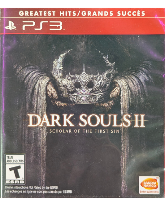 Dark Souls II Scholar of the First Sin Greatest Hits PlayStation 3 challenging action RPG punishing difficulty expanded definitive edition includes all three DLC Crown of the Sunken King Crown of the Old Iron King Crown of the Ivory King enhanced enemy placement improved graphics additional NPCs FromSoftware masterpiece brutal combat character customization multiplayer invasions cooperative summons bonfire system deep lore intricate world design front cover