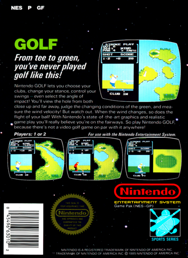 Golf back of box for Nintendo Entertainment System (NES) retro video game