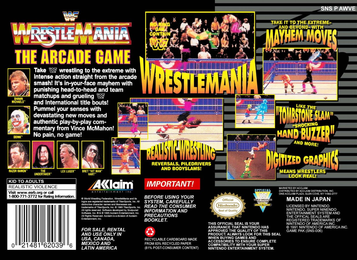 WWF WrestleMania The Arcade Game for Super Nintendo arcade style wrestling fighting game featuring WWF superstars exaggerated moves combos and versus battles back cover art