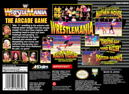 WWF WrestleMania The Arcade Game for Super Nintendo arcade style wrestling fighting game featuring WWF superstars exaggerated moves combos and versus battles back cover art