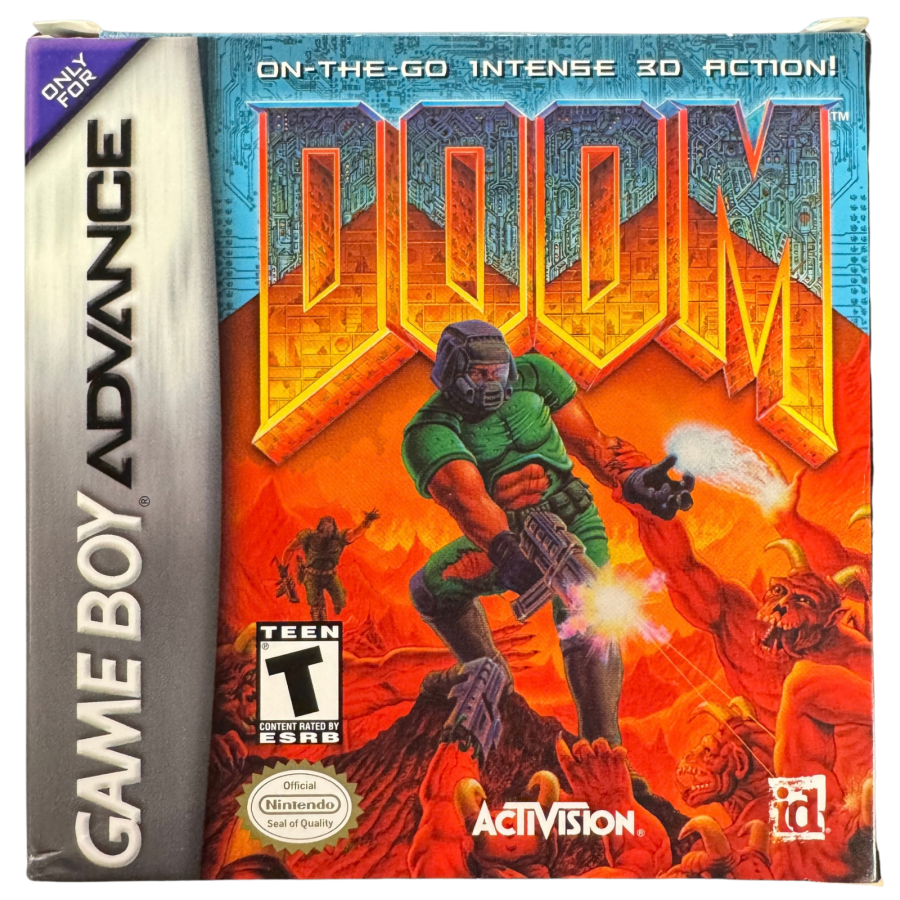 Doom CIB Nintendo Game Boy Advance GBA video game featuring classic first person shooter gameplay demon combat weapons action packed levels Mars exploration intense enemy encounters and retro shooting action complete in box CIB edition Game Boy Advance collection collectible gaming appeal box front