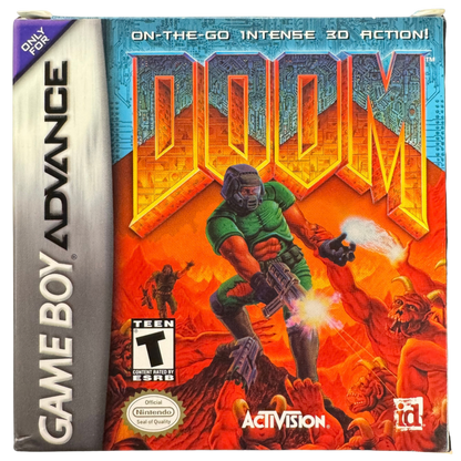 Doom CIB Nintendo Game Boy Advance GBA video game featuring classic first person shooter gameplay demon combat weapons action packed levels Mars exploration intense enemy encounters and retro shooting action complete in box CIB edition Game Boy Advance collection collectible gaming appeal box front
