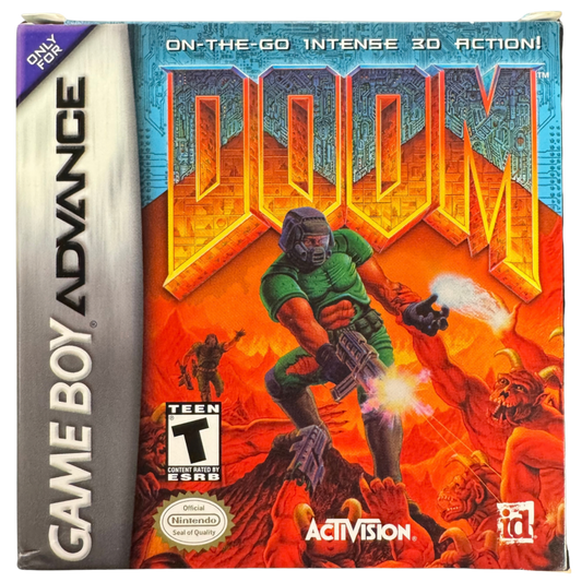 Doom CIB Nintendo Game Boy Advance GBA video game featuring classic first person shooter gameplay demon combat weapons action packed levels Mars exploration intense enemy encounters and retro shooting action complete in box CIB edition Game Boy Advance collection collectible gaming appeal box front
