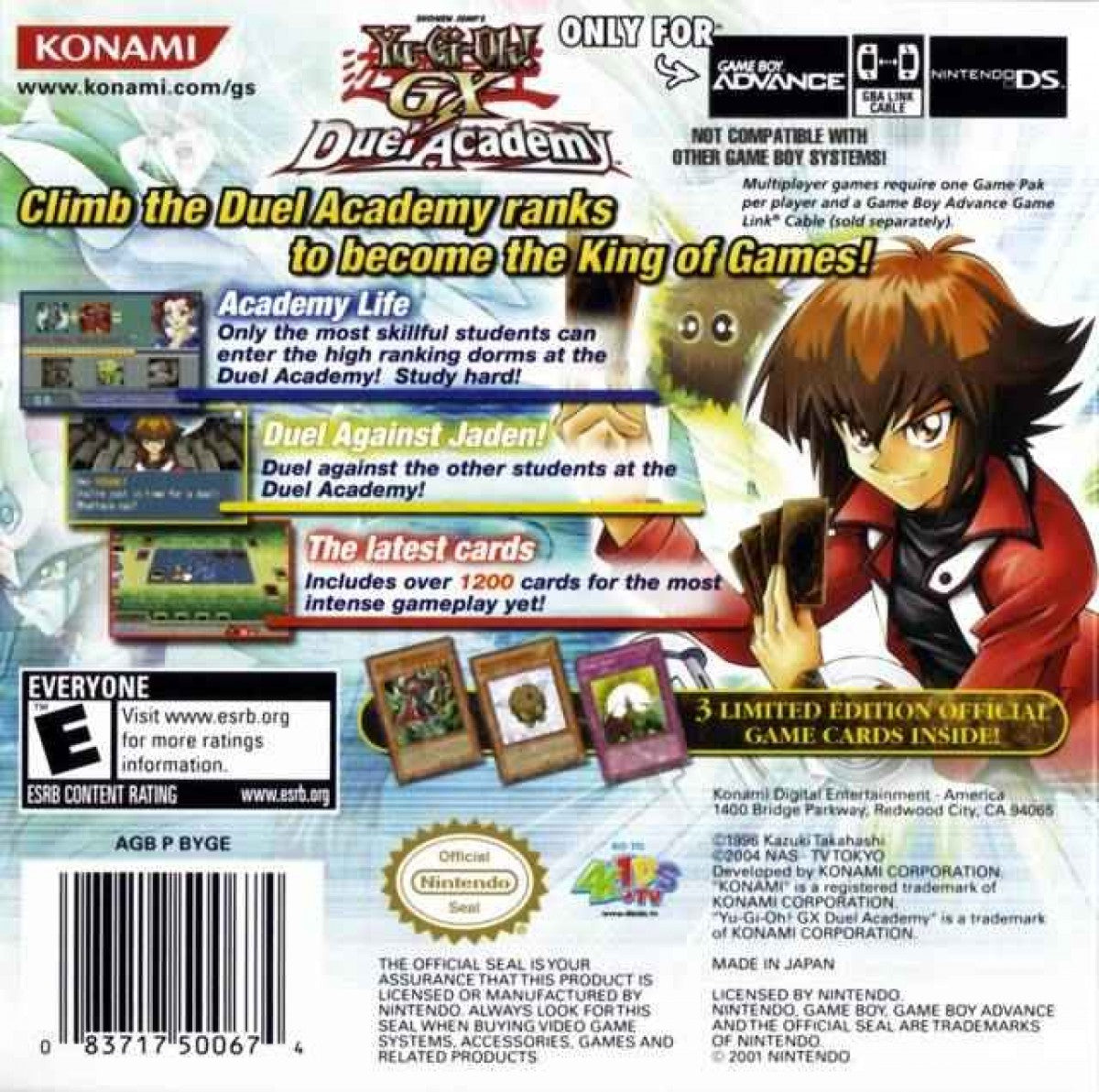 Yu-Gi-Oh! GX Duel Academy Game Boy Advance GBA for collectible card strategy video game fans featuring Yu-Gi-Oh! GX characters card dueling monster cards spell and trap cards deck building strategic battles academy progression and portable Nintendo GBA gameplay collectible gaming appeal back cover art