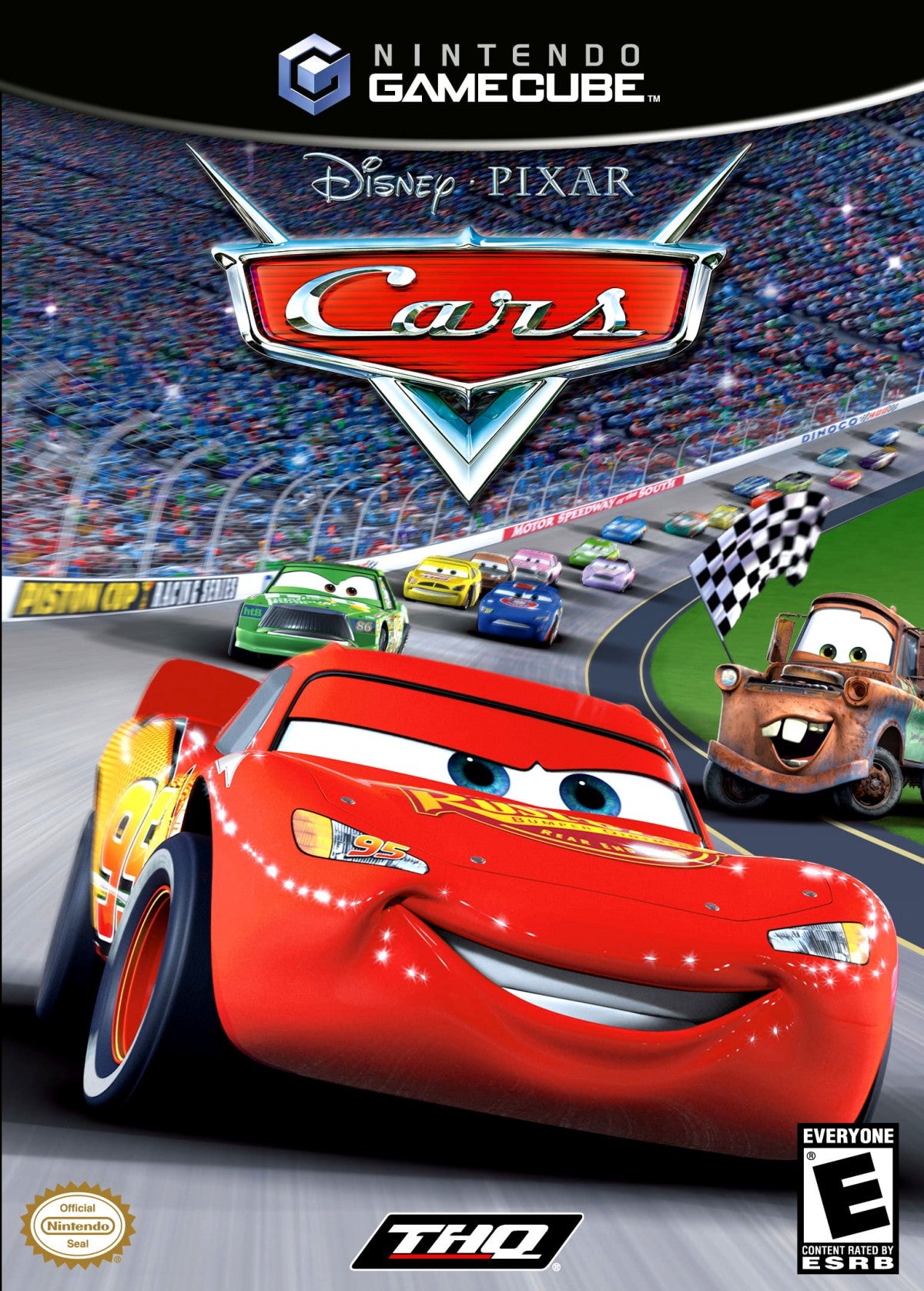 Disney Pixar Cars GameCube inspired design featuring animated racing adventure aesthetic Lightning McQueen Radiator Springs characters fast paced driving gameplay colorful family friendly action movie inspired automotive excitement nostalgic Nintendo presentation front cover
