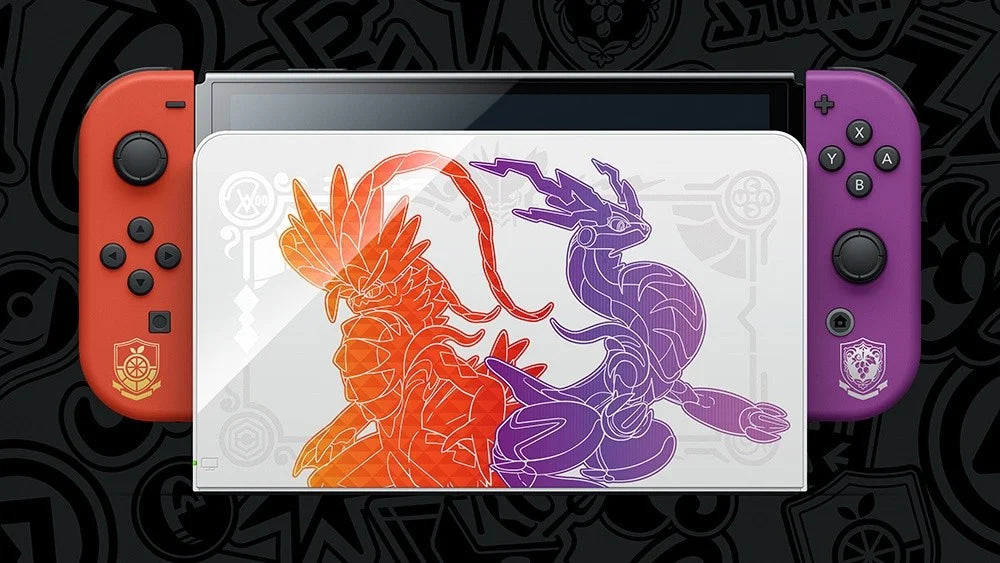  Nintendo Switch OLED Console Pokemon Scarlet and Violet Edition handheld hybrid gaming system with themed dock Joy Con controllers vibrant OLED screen limited edition Pokémon Scarlet and Violet design console set front