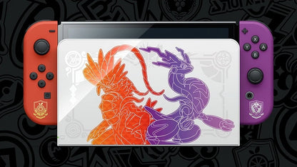  Nintendo Switch OLED Console Pokemon Scarlet and Violet Edition handheld hybrid gaming system with themed dock Joy Con controllers vibrant OLED screen limited edition Pokémon Scarlet and Violet design console set front
