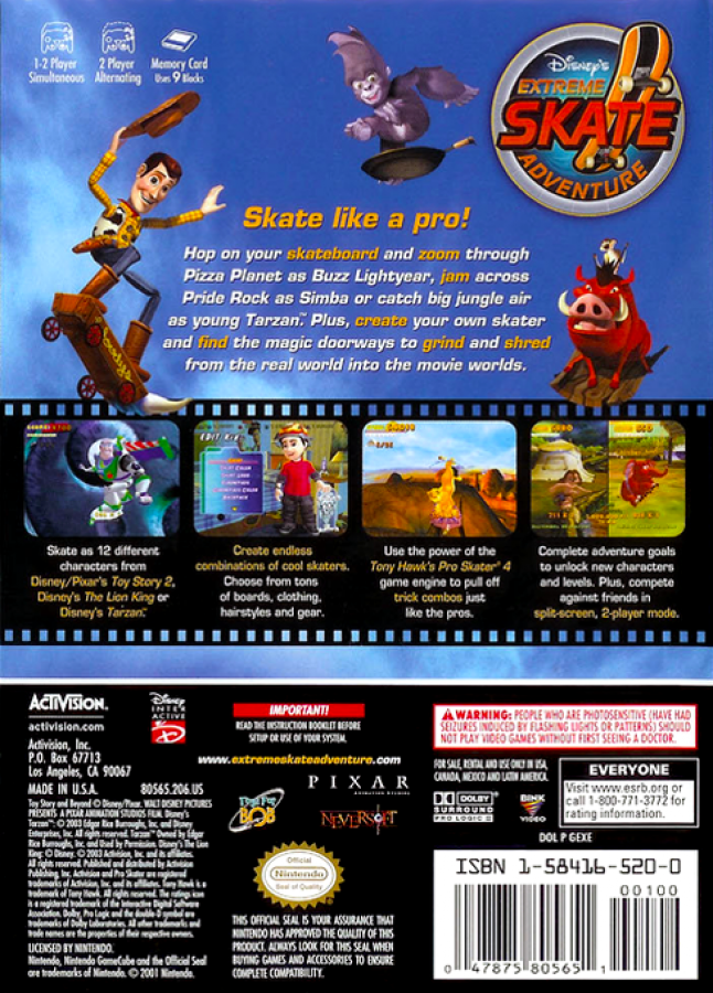 Disney's Extreme Skate Adventure back of case for GameCube (GC) skateboarding sports video game