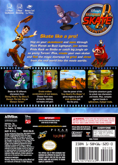 Disney's Extreme Skate Adventure back of case for GameCube (GC) skateboarding sports video game