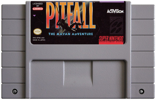 Pitfall The Mayan Adventure retro SNES video game Pitfall jungle platform adventure action gameplay treasure hunting side scrolling classic platformer console title Super Nintendo release cartridge