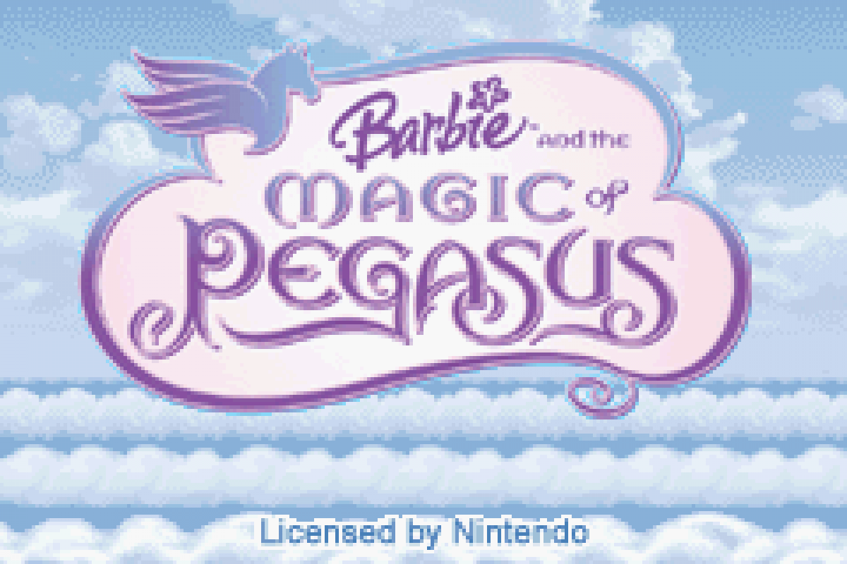 Barbie and the Magic of Pegasus for Game Boy Advance (GBA), title screen for a retro video game featuring fantasy adventure gameplay, horse riding challenges, puzzle-solving, magical environments, and movie-inspired action