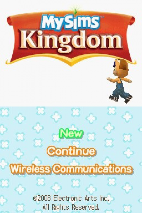 MySims: Kingdom start screen for Nintendo DS (DS) life simulation adventure video game