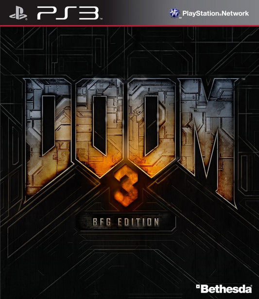 Doom 3 BFG Edition PlayStation 3 video game featuring enhanced classic shooter gameplay remastered visuals bonus content and iconic id Software sci fi horror action title cover art 