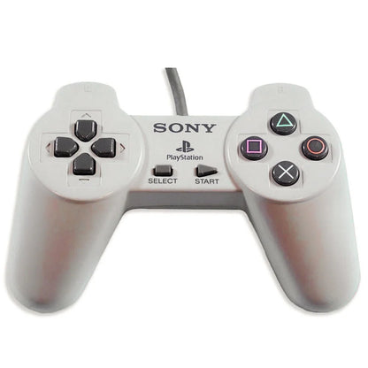 Original Sony PlayStation 1 controller with gray finish featuring directional pad, four action buttons, start and select buttons, and dual shoulder buttons