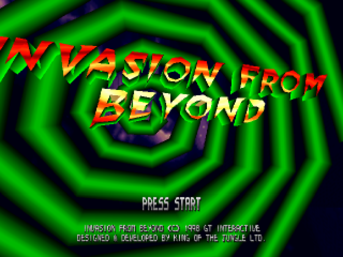 Invasion from Beyond PlayStation 1 PS1 for action shooter retro video game fans featuring alien invasion sci fi combat futuristic weapons fast paced arcade action extraterrestrial enemies mission based gameplay collectible gaming appeal title screen