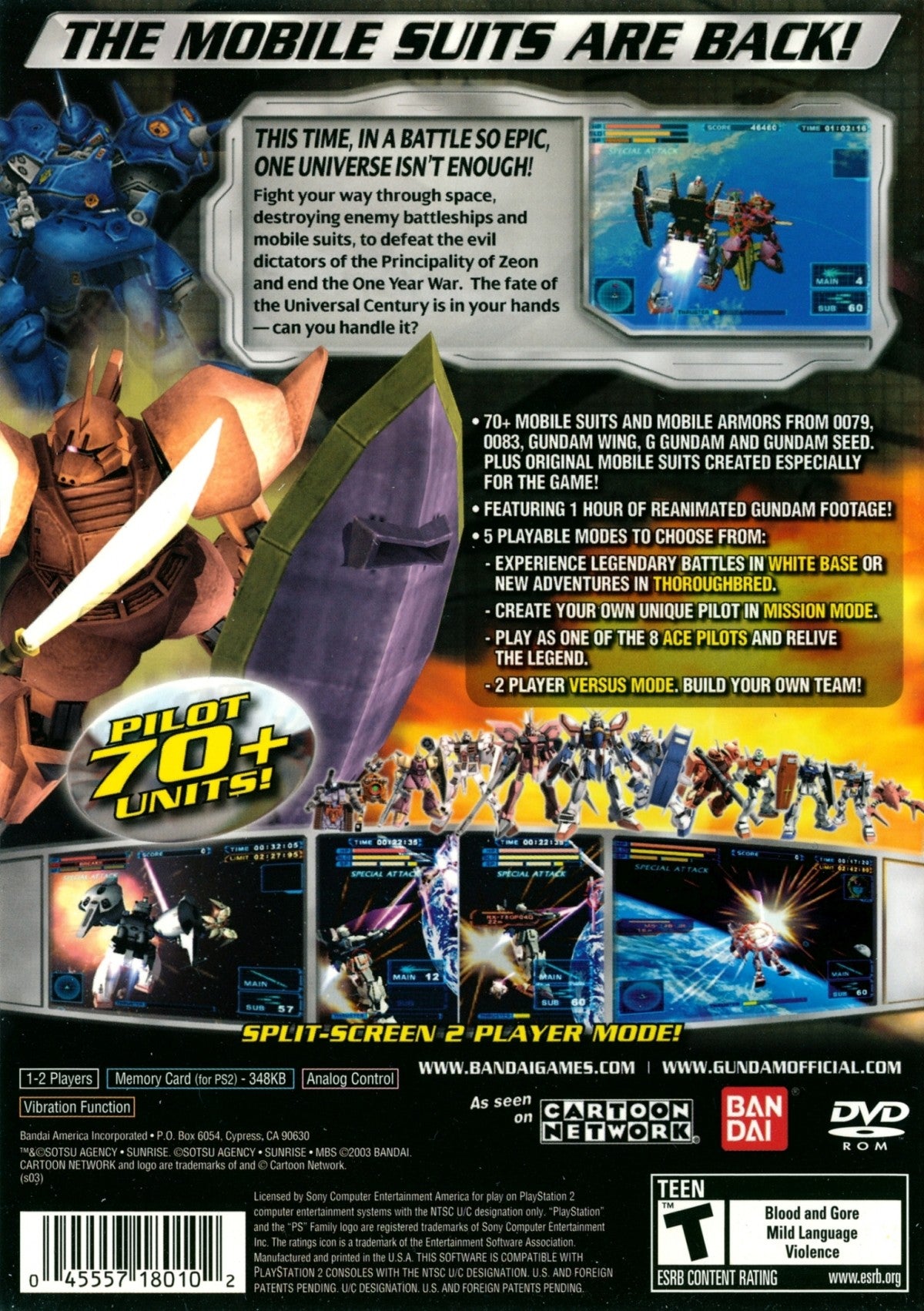 Retro Mobile Suit Gundam Encounters in Space PS2 inspired design featuring anime mech warfare aesthetic vintage PlayStation 2 space combat giant mobile suits Earth Federation versus Zeon battles cinematic sci fi action nostalgic Gundam gameplay presentation back cover art 