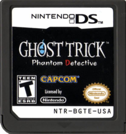 Ghost Trick Phantom Detective Nintendo DS video game, puzzle adventure, mystery storytelling, stylized visuals, handheld console title game cartridge art