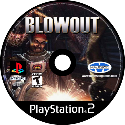 BlowOut PlayStation 2 PS2 for action shooter video game fans featuring side scrolling run and gun gameplay intense alien combat futuristic weapons fast paced platforming sci fi environments explosive action challenging levels classic arcade style gameplay collectible gaming appeal disc