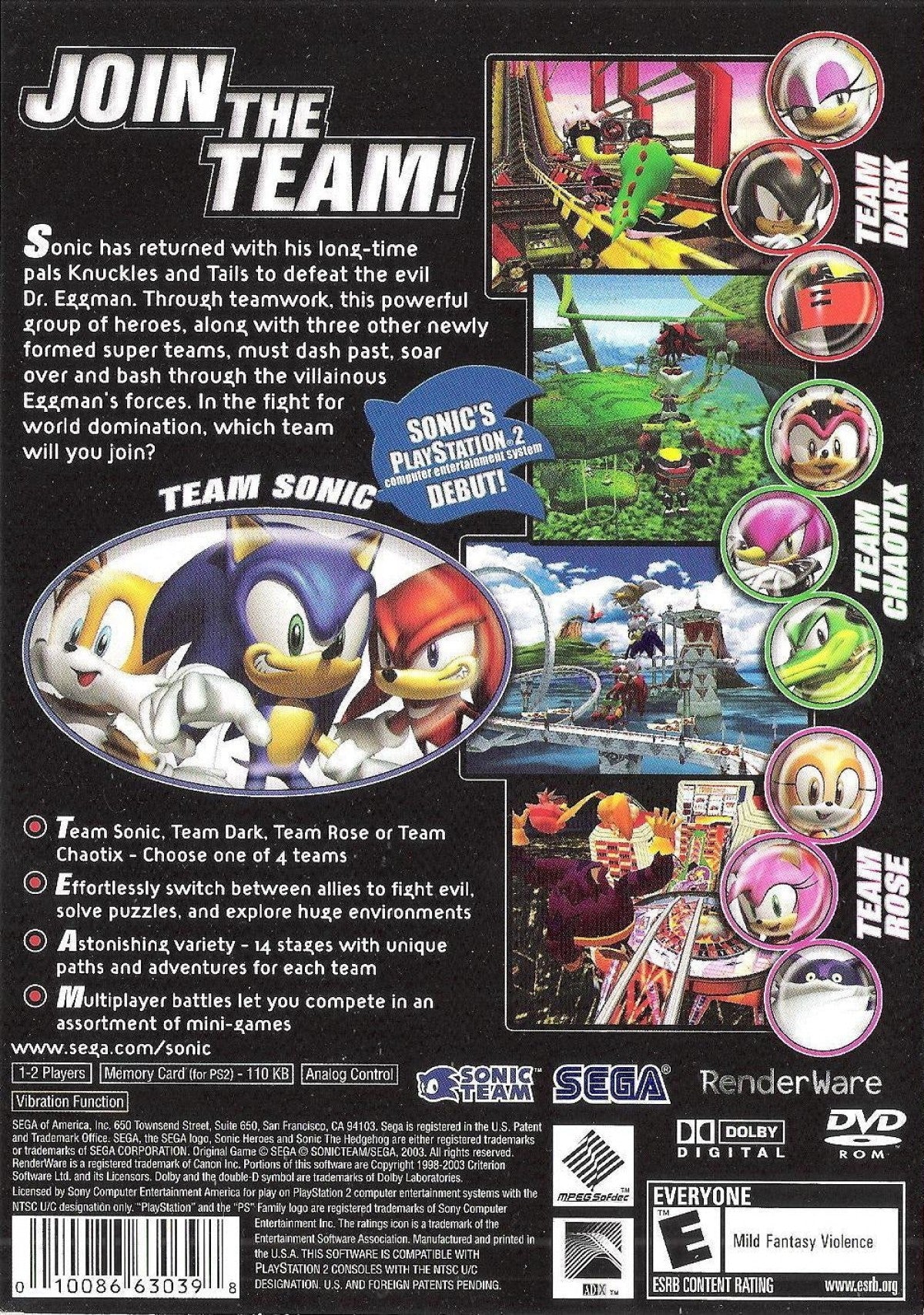 Sonic Heroes [Greatest Hits] for PlayStation 2 (PS2) at Gamers INC, featuring the high-speed team-based evolution of the Sonic franchise where you control three characters at once—Speed, Power, and Flight types—to navigate massive environments and defeat Dr. Eggman; this Greatest Hits edition brings the multi-perspective journey of four unique teams to the PS2, offering refined platforming action and cooperative mechanics that redefined the Blue Blur’s 3D era back cover