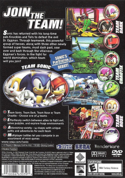Sonic Heroes [Greatest Hits] for PlayStation 2 (PS2) at Gamers INC, featuring the high-speed team-based evolution of the Sonic franchise where you control three characters at once—Speed, Power, and Flight types—to navigate massive environments and defeat Dr. Eggman; this Greatest Hits edition brings the multi-perspective journey of four unique teams to the PS2, offering refined platforming action and cooperative mechanics that redefined the Blue Blur’s 3D era back cover