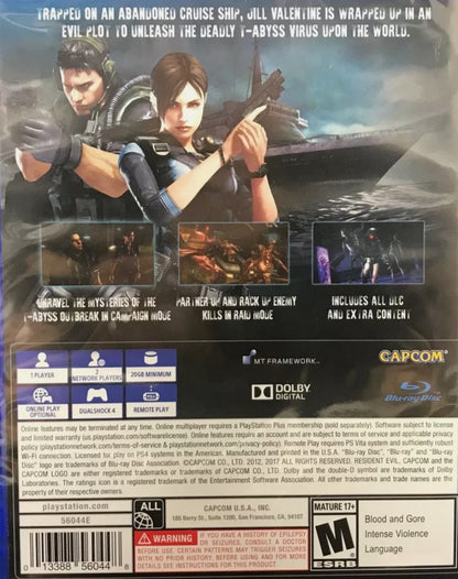 Resident Evil Revelations PlayStation 4 PS4 for survival horror action video game fans featuring third person combat Jill Valentine and Chris Redfield bioterrorism investigations eerie ship exploration puzzle solving weapon upgrades terrifying creatures cinematic storytelling and immersive horror adventure collectible gaming appeal back cover art