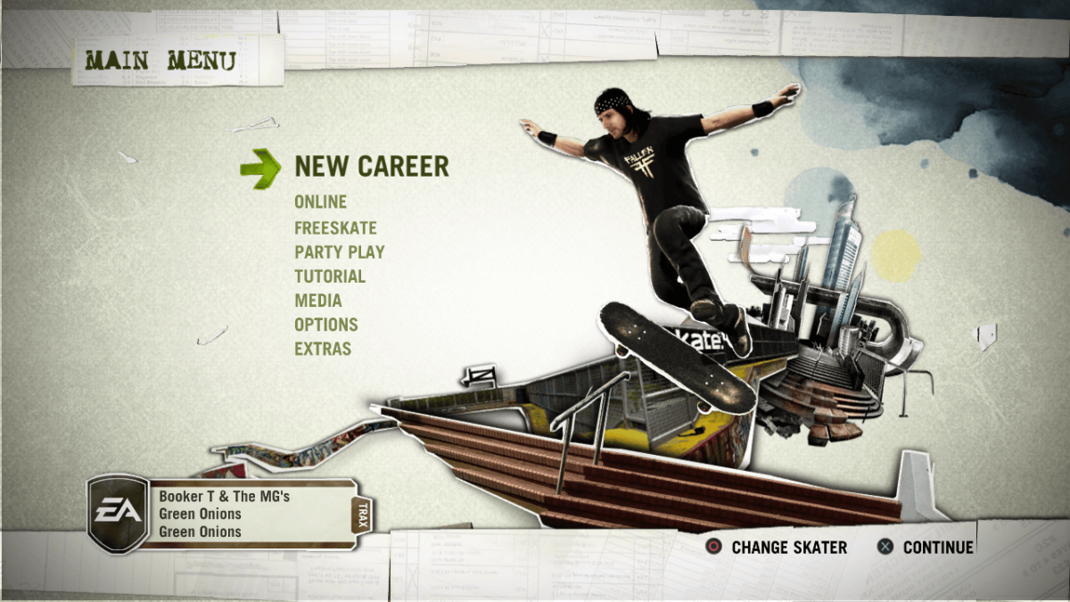 Skate PlayStation 3 skateboarding simulation video game EA Black Box flick it control scheme realistic physics San Vanelona open world locations career mode skate parks video editor soundtrack create a skater professional challenges online multiplayer skate reels main menu game select screen