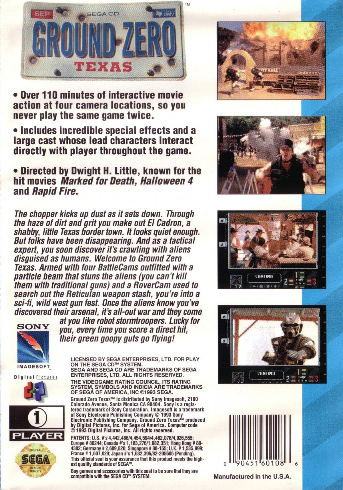 Ground Zero Texas Sega CD FMV light gun action video game featuring live-action Western-themed shootouts fast-paced gunfights enemy outlaws first-person shooting gameplay branching action scenes challenging missions and classic Sega CD gameplay collectible retro gaming appeal back cover art