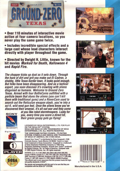 Ground Zero Texas Sega CD FMV light gun action video game featuring live-action Western-themed shootouts fast-paced gunfights enemy outlaws first-person shooting gameplay branching action scenes challenging missions and classic Sega CD gameplay collectible retro gaming appeal back cover art