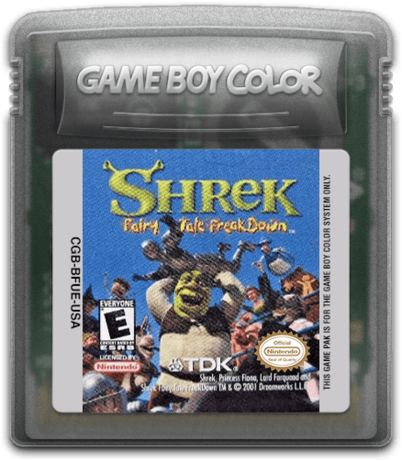 Shrek Fairy Tales Freakdown Game Boy Color GBC cartridge featuring fairy tale inspired fighting gameplay colorful cartoon aesthetics playable Shrek universe characters fast paced one on one battles portable handheld gaming action classic Game Boy Color entertainment and collectible retro gaming appeal