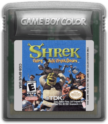 Shrek Fairy Tales Freakdown Game Boy Color GBC cartridge featuring fairy tale inspired fighting gameplay colorful cartoon aesthetics playable Shrek universe characters fast paced one on one battles portable handheld gaming action classic Game Boy Color entertainment and collectible retro gaming appeal