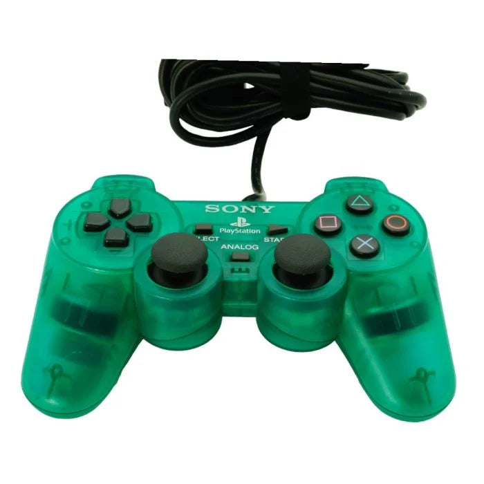 PlayStation 2 DualShock 2 controller in Clear Green official Sony accessory wired analog pressure-sensitive buttons vibration feedback PS2 console compatible front with cable