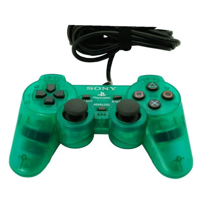 PlayStation 2 DualShock 2 controller in Clear Green official Sony accessory wired analog pressure-sensitive buttons vibration feedback PS2 console compatible front with cable