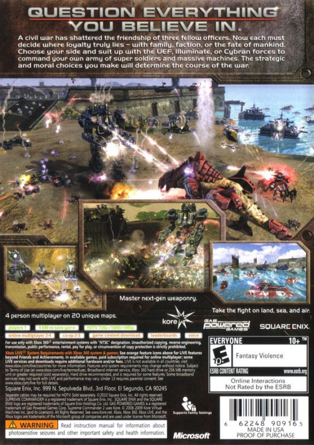 Supreme Commander 2 Xbox 360 game featuring large-scale real-time strategy battles, advanced base building, and intense sci-fi warfare back cover art