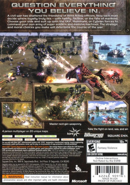 Supreme Commander 2 Xbox 360 game featuring large-scale real-time strategy battles, advanced base building, and intense sci-fi warfare back cover art