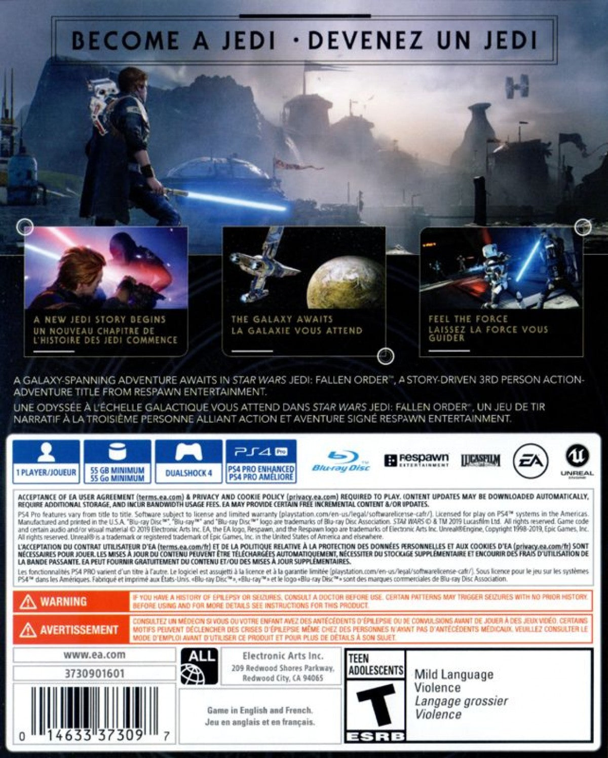 Star Wars: Jedi Fallen Order – PlayStation 4 (PS4) video game back of case, action-adventure