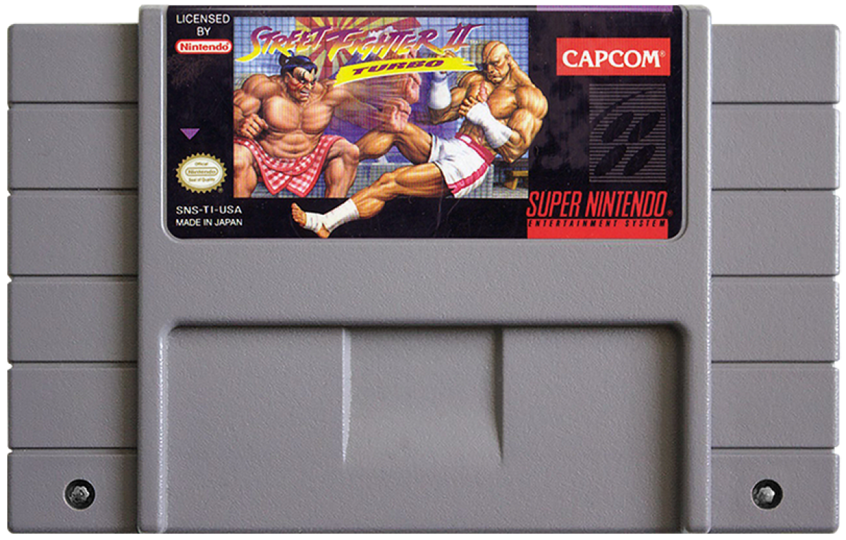 Street Fighter II Turbo for Super Nintendo fighting game featuring fast paced arcade battles classic Capcom characters versus mode special moves and competitive gameplay cartridge