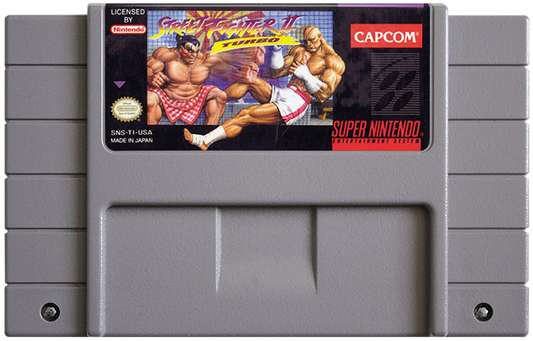 Street Fighter II Turbo for Super Nintendo fighting game featuring fast paced arcade battles classic Capcom characters versus mode special moves and competitive gameplay cartridge