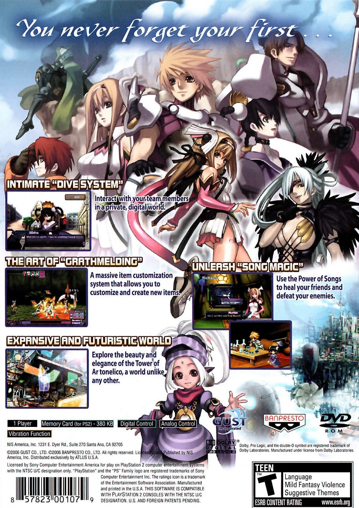 PlayStation 2 (PS2) video game featuring deep JRPG role-playing gameplay immersive world building music-driven magic system strategic real-time combat story rich fantasy narrative and Heliodor lore experience on Sony’s classic home console. back cover