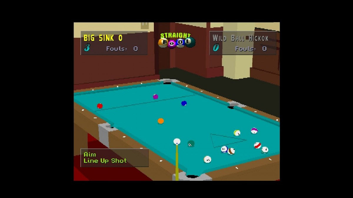Virtual Pool PlayStation 1 PS1 video game, realistic billiards simulation, cue sports gameplay, classic console title gameplay screenshot